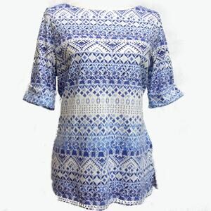 Karen Scott Printed Boat Neck Top Size M Blue